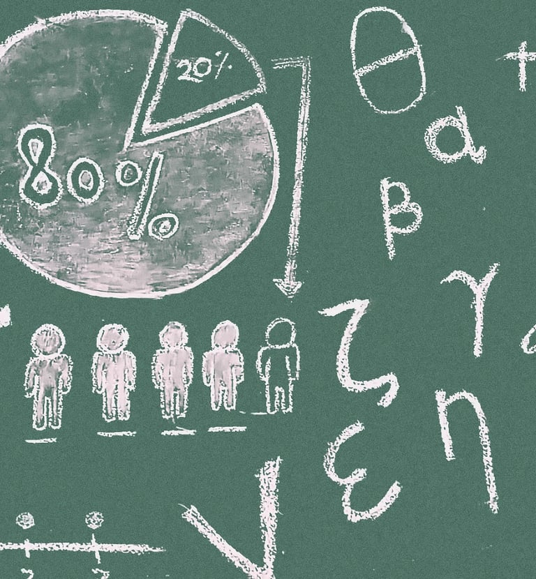 A green chalkboard with drawings of a pie chart, small people and various mathematical characters.