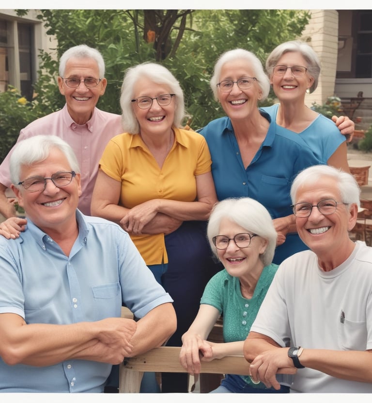 A group of active seniors enjoying a lively conversation around a dining table
