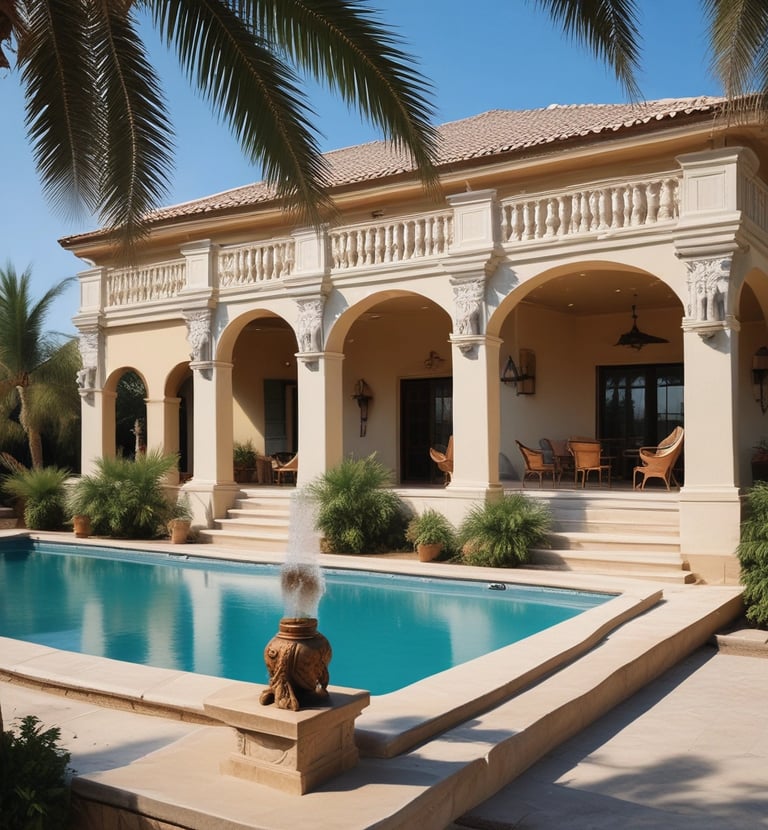 A peaceful terrace with elegant outdoor furniture and blooming plants