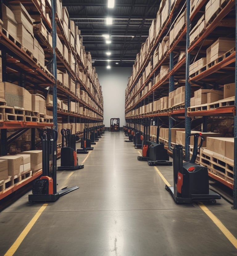A spacious warehouse filled with various moving equipment.