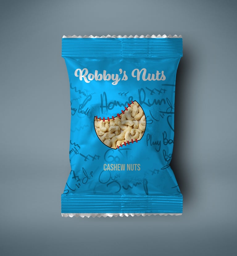 Mockup of a bag of nuts on a blue background for Robby's Nuts