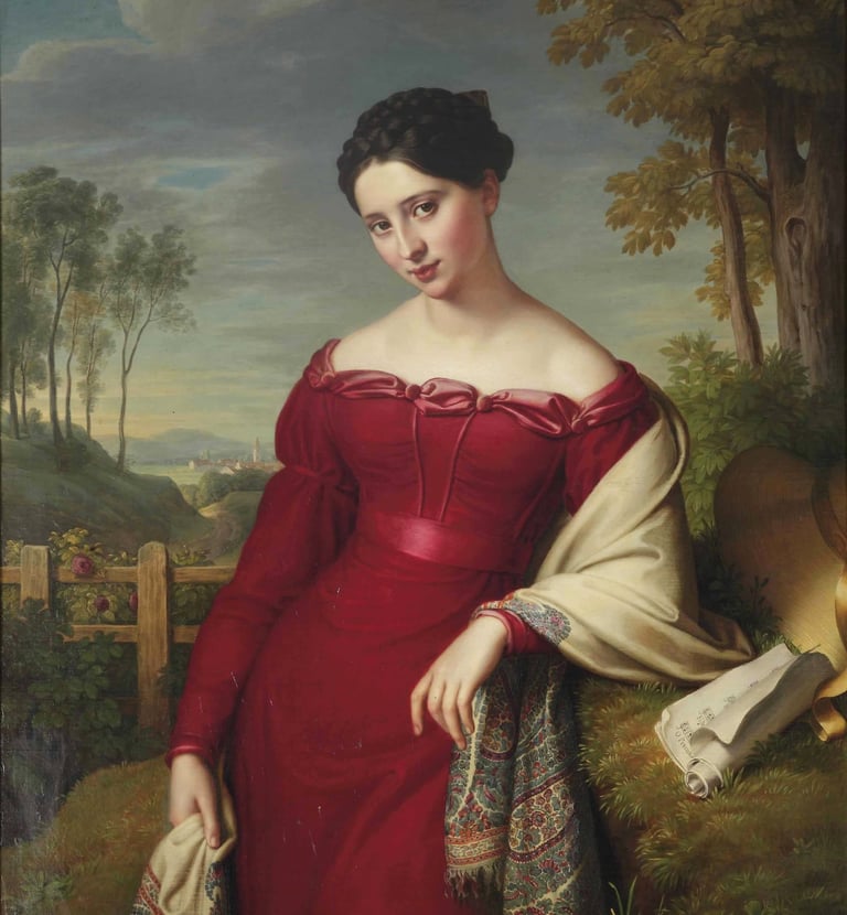 A Regency lady in a red gown in a a rural setting.