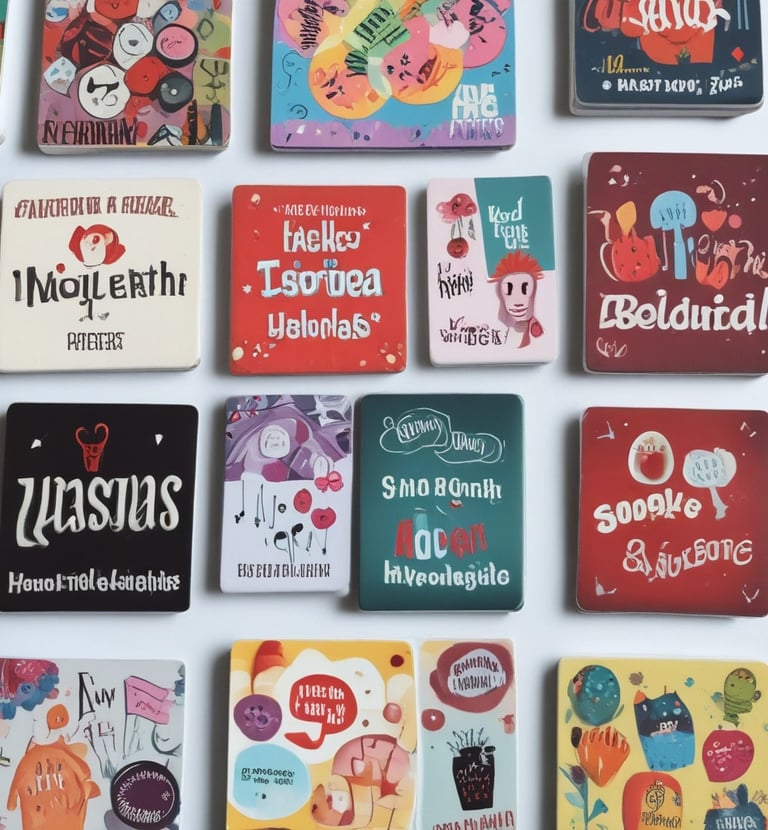 A display board is filled with a variety of colorful souvenir magnets and trinkets. There are numerous designs, including evil eye symbols, maps, and animal shapes, all with a theme related to Cyprus. In the background, a person is sitting at a table, slightly out of focus, and there are soft white feathery decorations hanging from above.