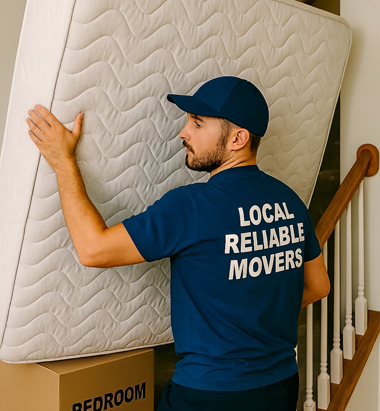 a man in a blue shirt is moving a mattress