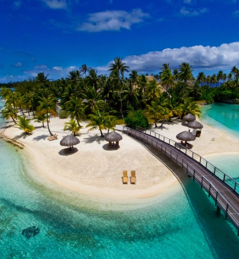Tropical paradise in Bora Bora with white sand, palm trees, and crystal-clear water.