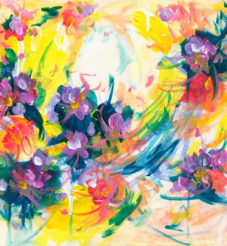an abstract painting with red, purple flowers on yellow background, click to enter colelction