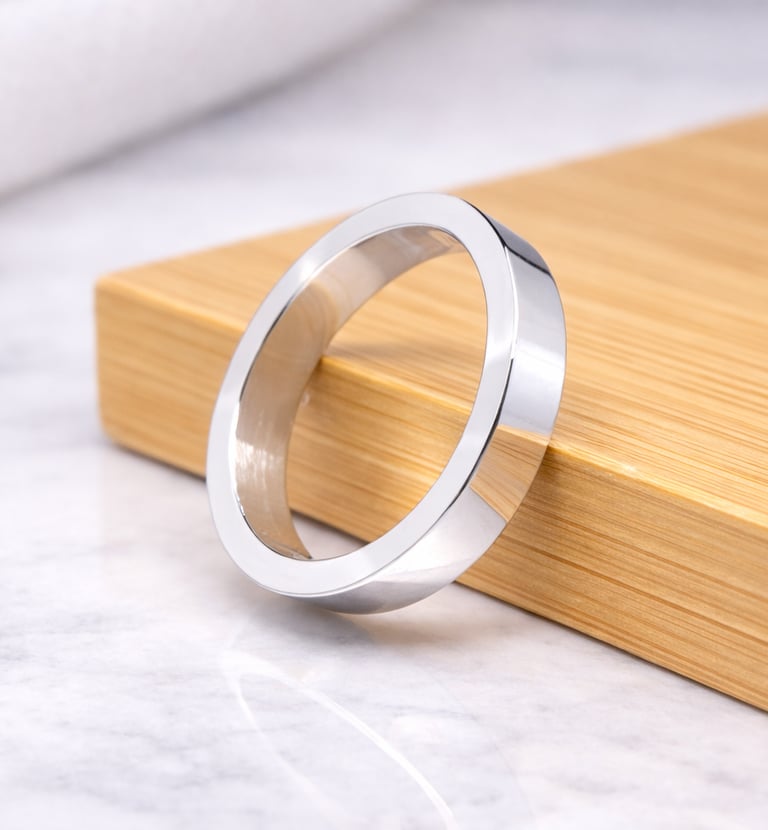 A 999 fine silver flat band ring displayed on a wooden block over a marble surface.