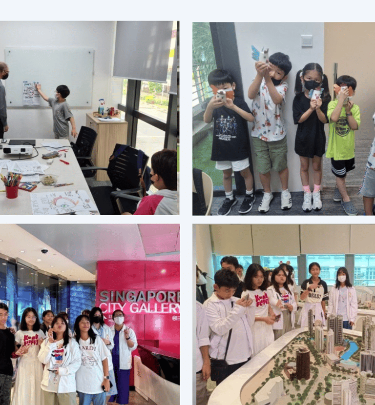 a group of people standing around a table