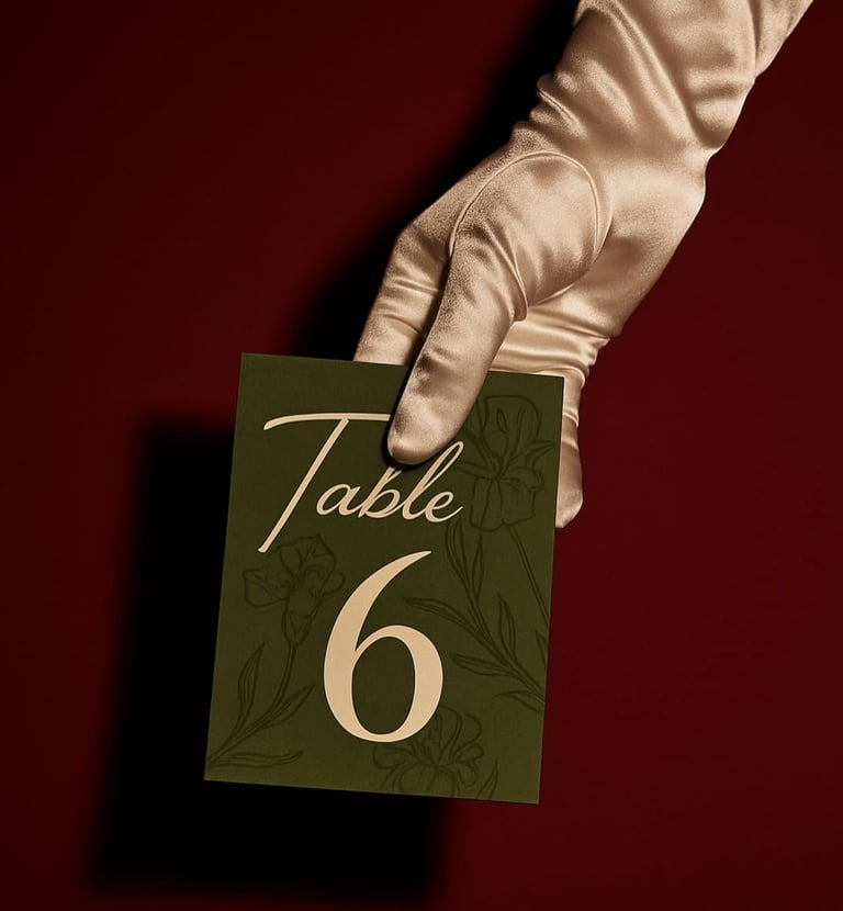 A hand in a satin glove holds an elegant green wedding table number card against a red background.