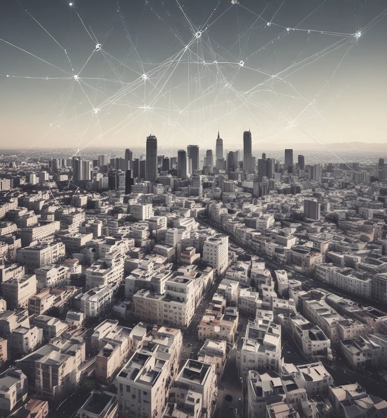 Cityscape of Algiers with digital network overlay symbolizing connectivity.