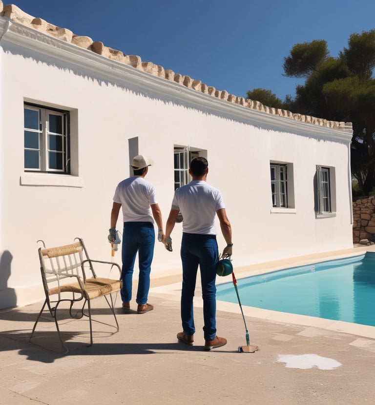 Before and after shots of a residential building facade renovation showcasing clean lines and vibrant colors.