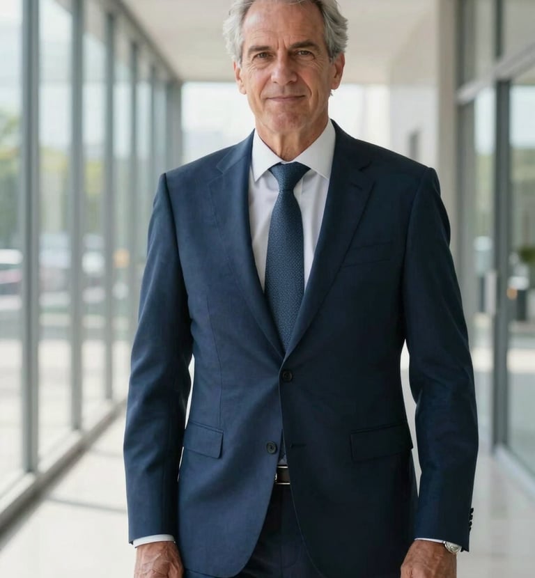 A professional portrait of a senior investment advisor in a tailored navy blue suit, standing in a bright, modern glass-walled corridor. European setting, confident and reliable atmosphere, soft morning light.