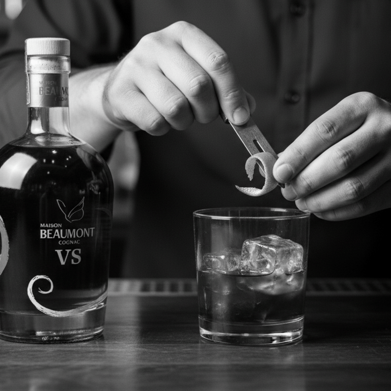 Photo noir et blanc d’une barman préparant un cocktail à base de Cognac Maison Beaumont VS