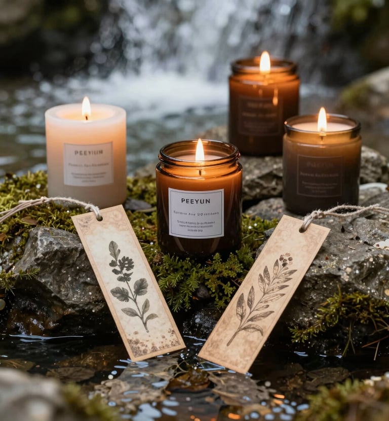An earthy-toned product setup featuring candles and vintage bookmarks over mossy stones.