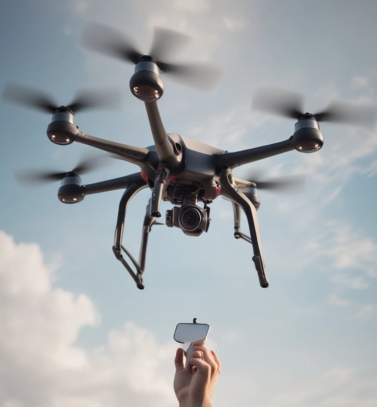 A small drone with propeller guards is hovering in front of a lush green leafy background. The drone features four rotors and appears to be in motion, with blurred propellers indicating flight.