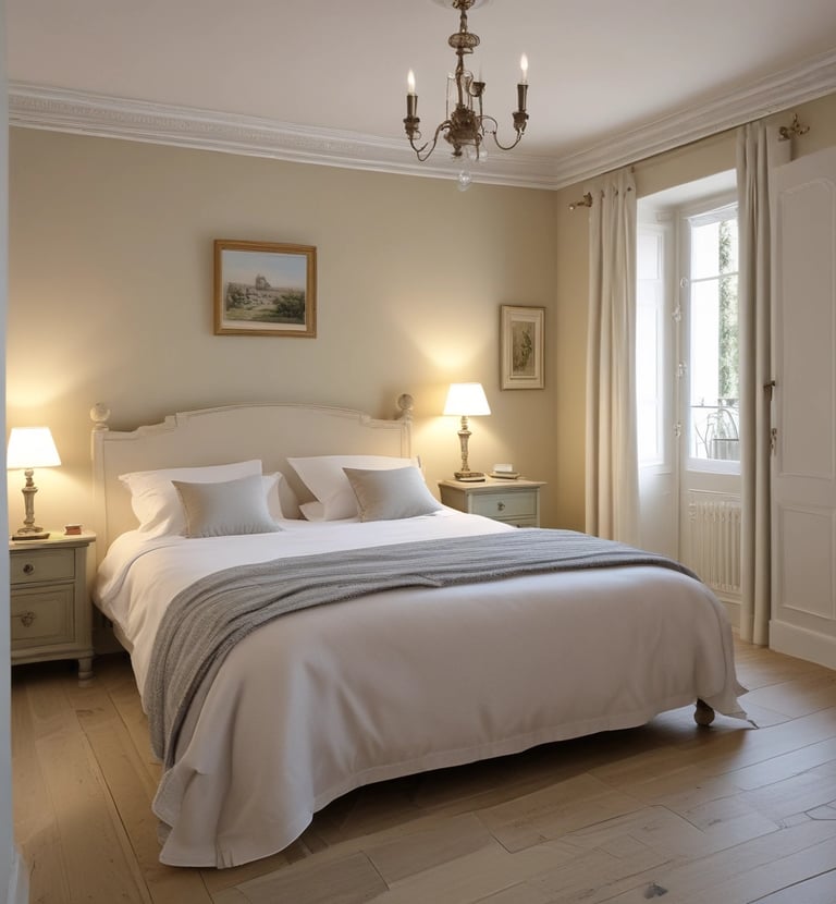 Cozy bedroom setup with built-in wardrobes and minimalist design.