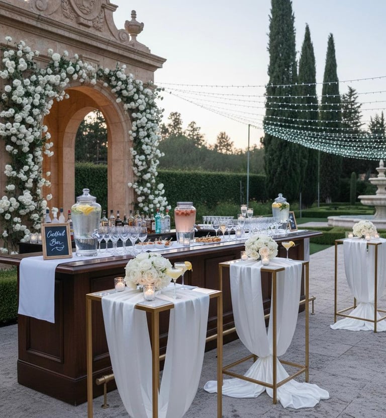 Estación de coctelería premium al aire libre con arco de rosas blancas, barra de madera clásica