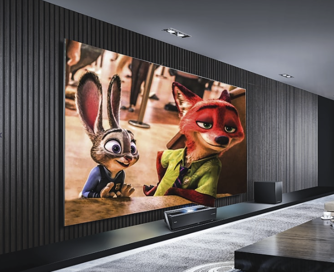 Modern home theater featuring a large custom projection screen displaying an animated movie.