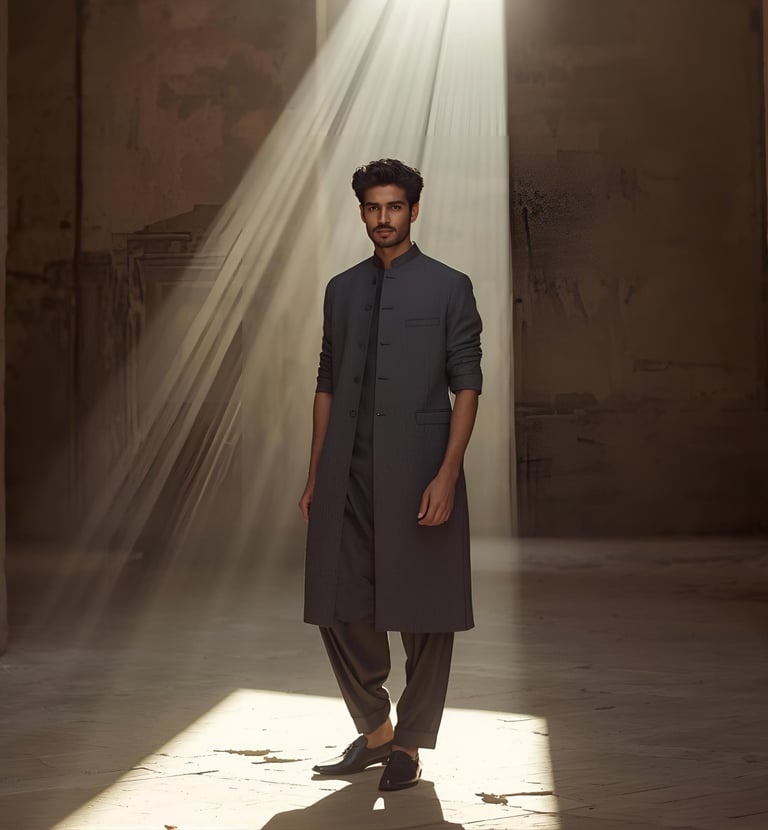 a man in a long coat standing in a room