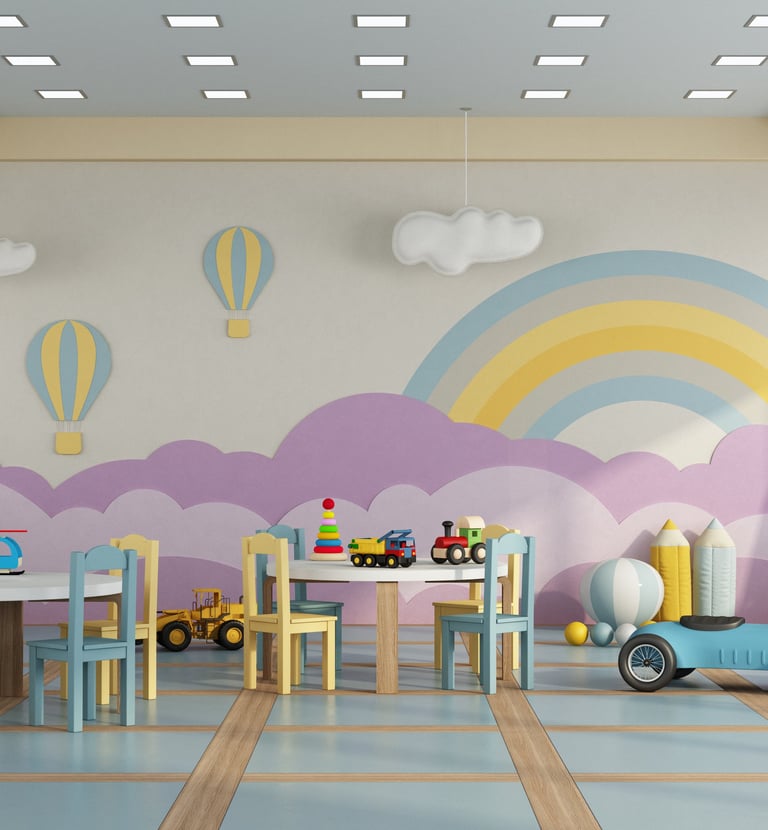 Vibrant and inviting kindergarten classroom filled with colorful educational materials and playful l