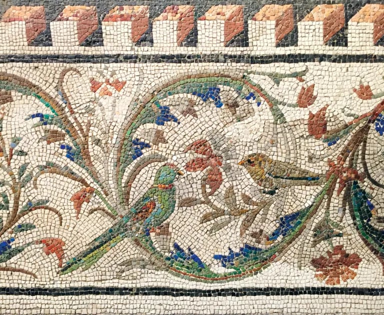 Detail of an ornate mosaic border with birds. 1st century BC. Rome, Musei Capitolini.