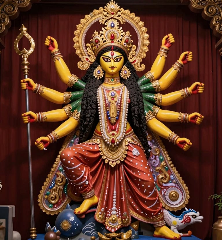 A close-up of a handcrafted Durga statue surrounded by fresh flowers.