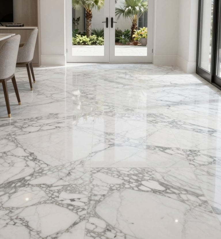 A spotless tiled floor in a retail space after a thorough cleaning session.