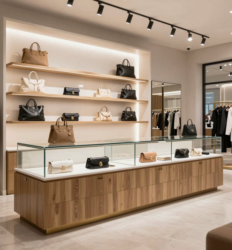 Cozy boutique interior featuring warm wood tones and elegant displays.