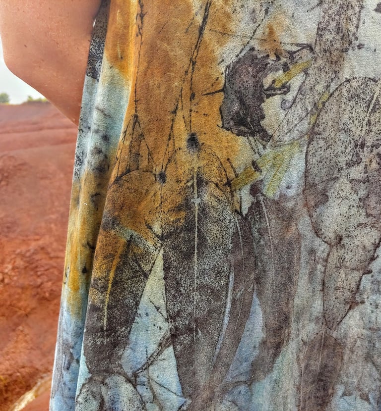 Indigo dyed and botanical printed with eucalyptus cotton dress.