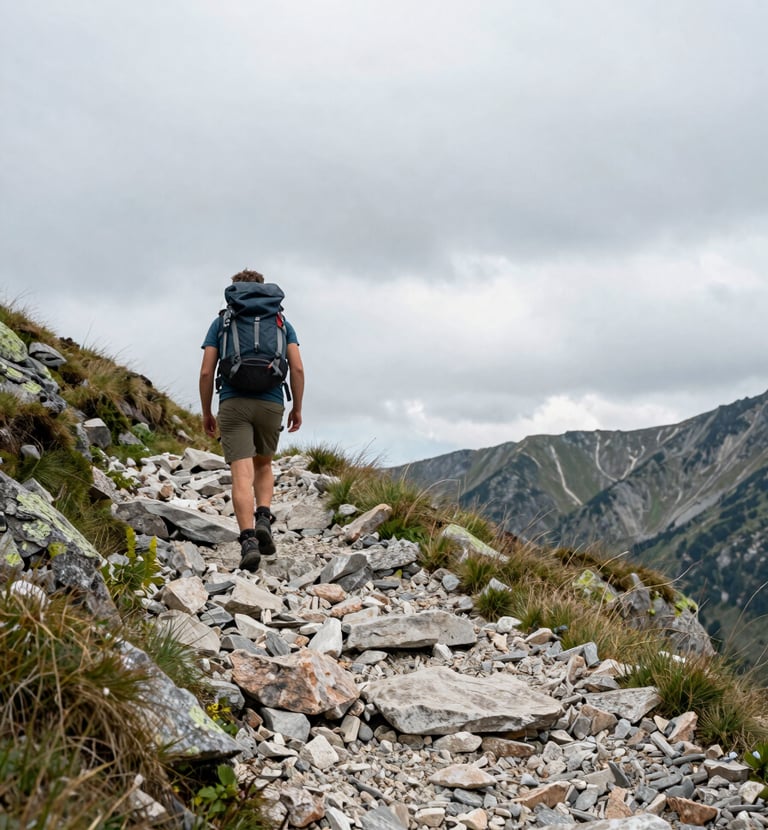 Wide environmental shot, hiker seen from behind mid-stride on a stony mountain path, left-framed, overcast Balkan sky, natural flat light, scree and sparse alpine grass in foreground, distant ridgeline visible