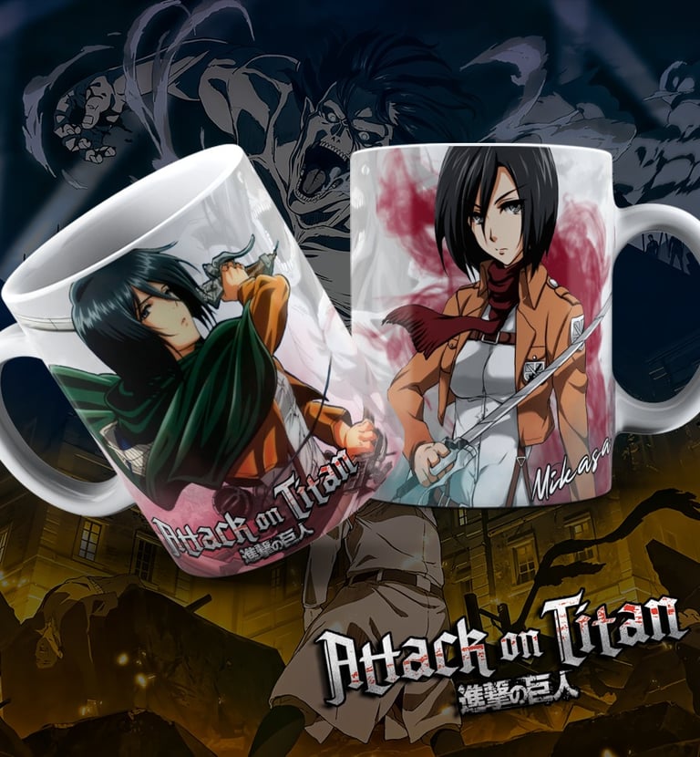 Two Attack on Titan ceramic coffee mugs featuring Mikasa Ackerman illustrations and series branding.