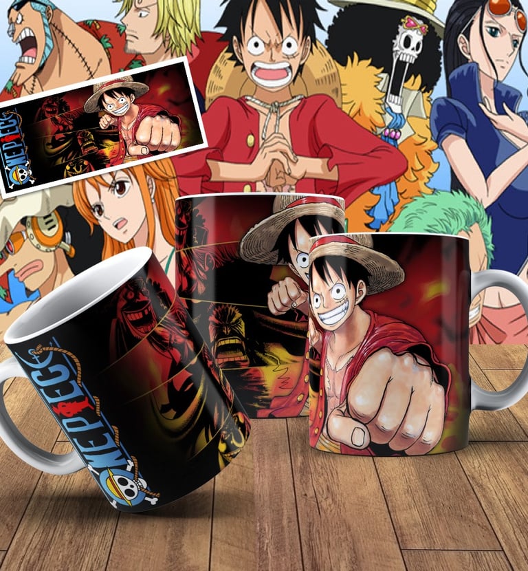 Custom One Piece anime coffee mugs featuring Monkey D. Luffy and the Straw Hat crew on a wooden surface.