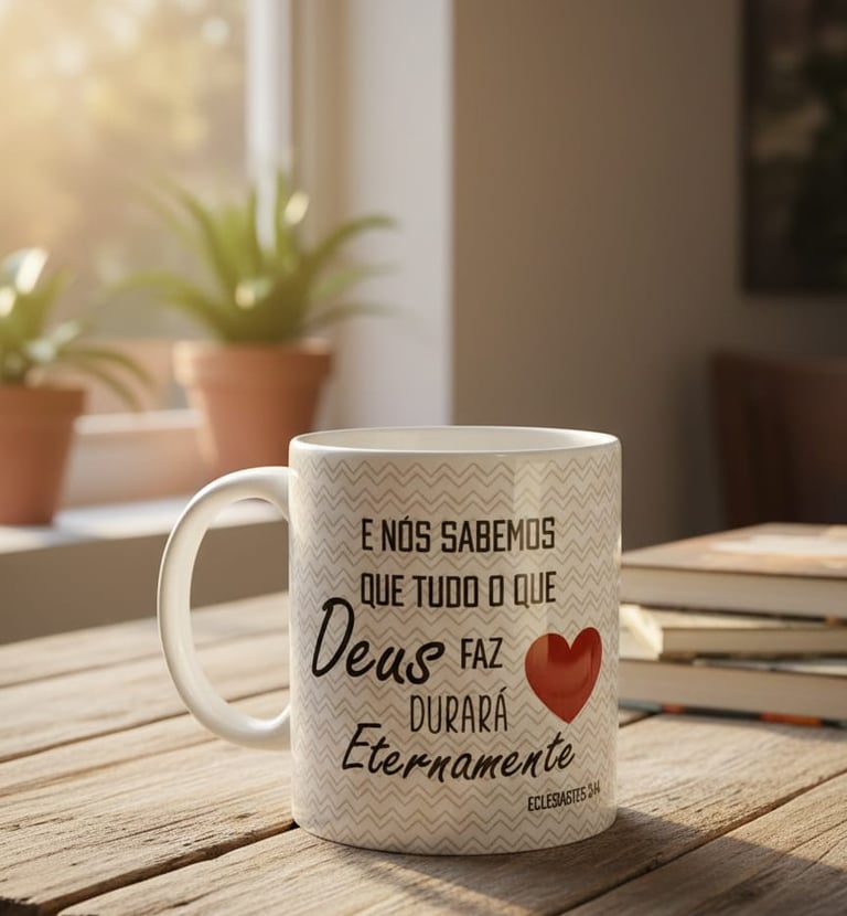 White ceramic coffee mug with a Portuguese Bible verse from Ecclesiastes on a wooden table.