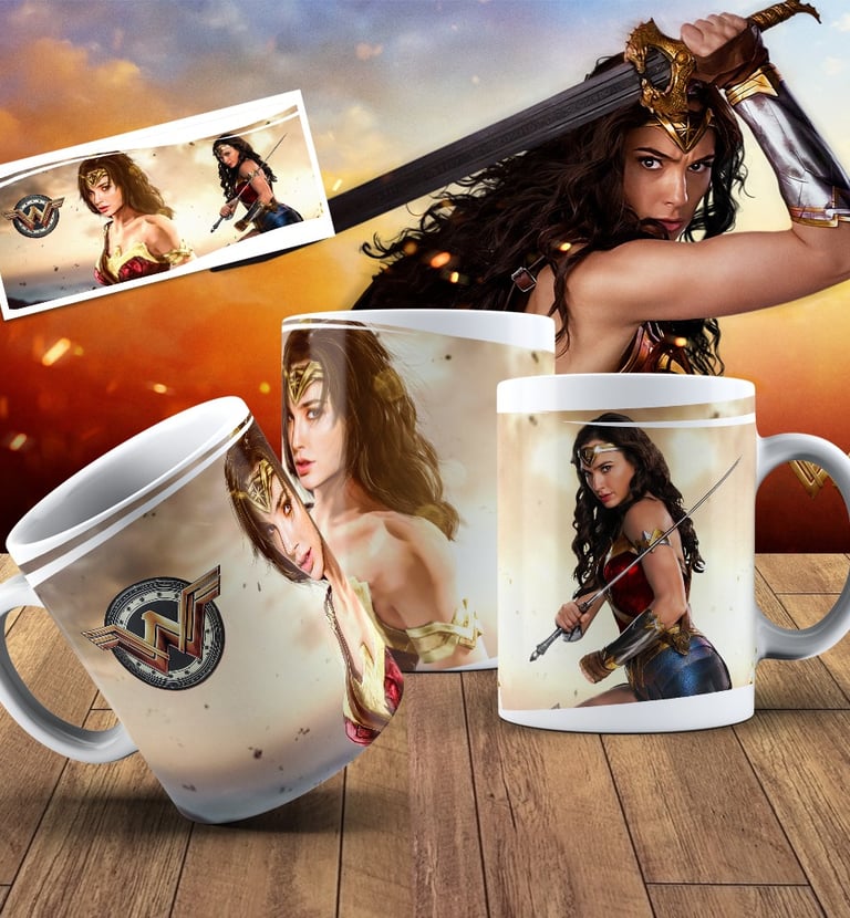 Wonder Woman ceramic coffee mugs featuring Gal Gadot as the DC superhero with sword and shield graphics.