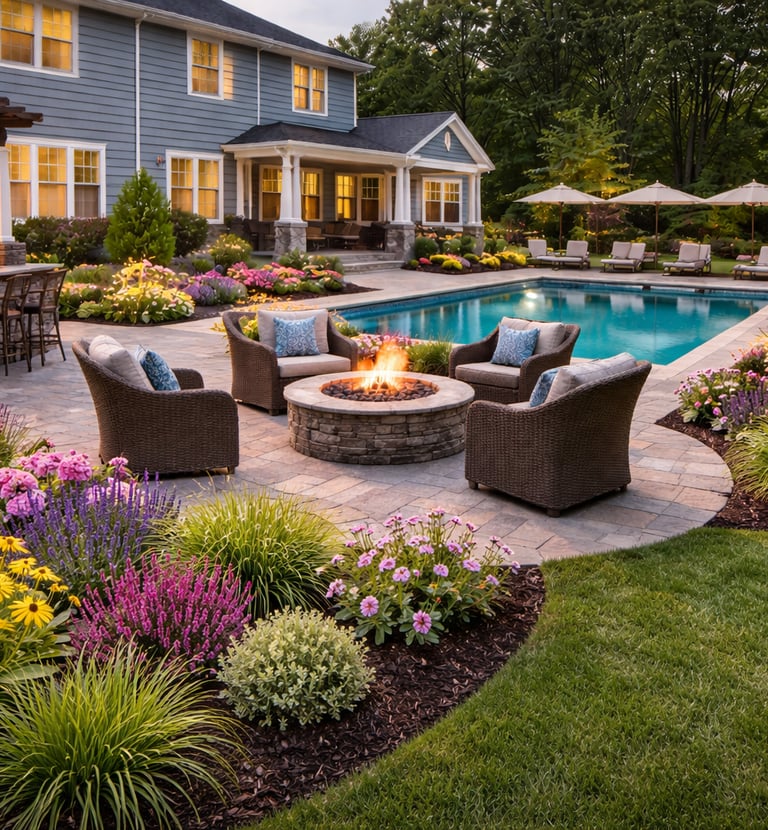 Backyard landscape design with green lawn, fresh mulch beds and stone patio in Raleigh, NC