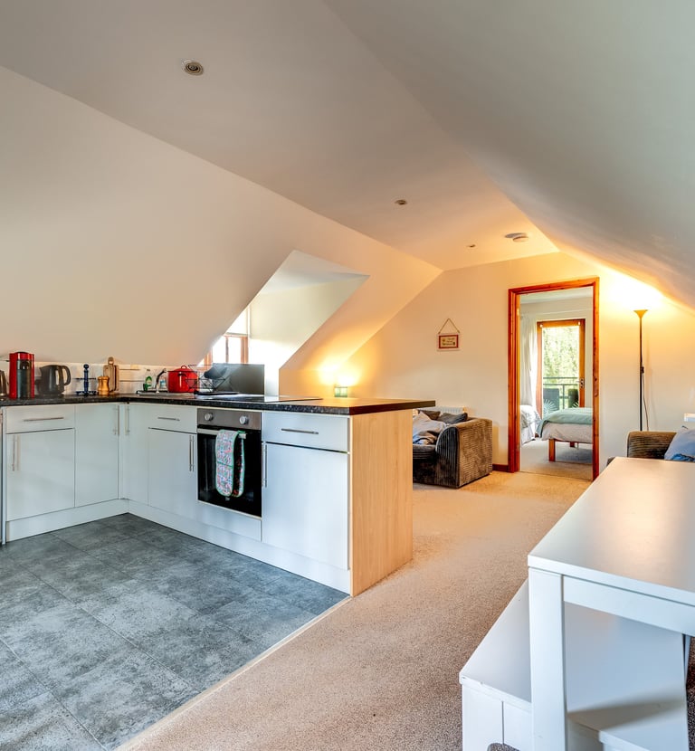 Modern studio apartment kitchen with white cabinets, breakfast bar, and sloped ceilings.