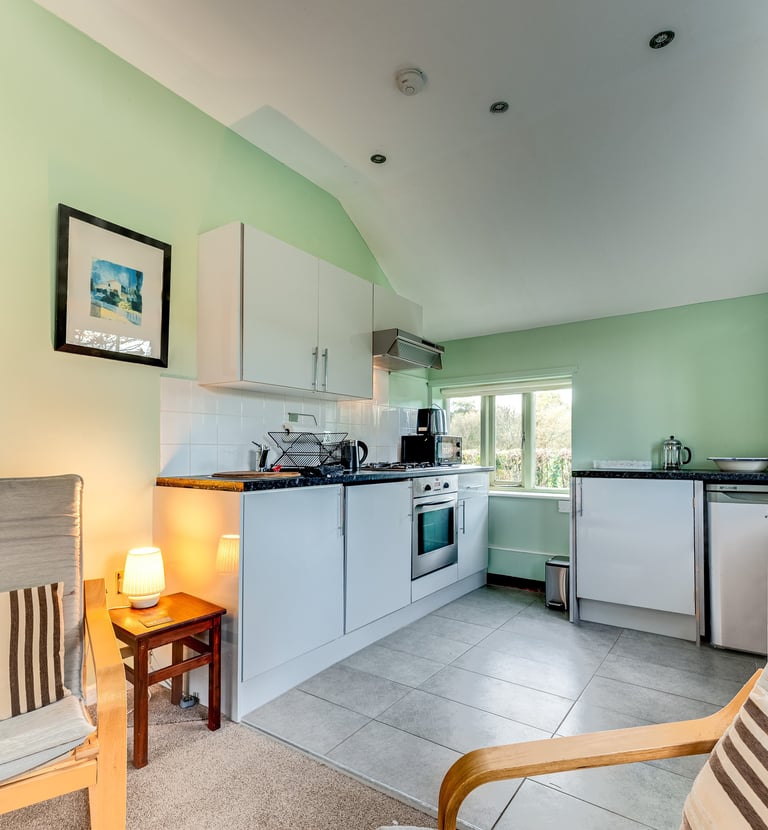 Modern small studio kitchen with light green walls, white cabinets, and cozy armchairs.