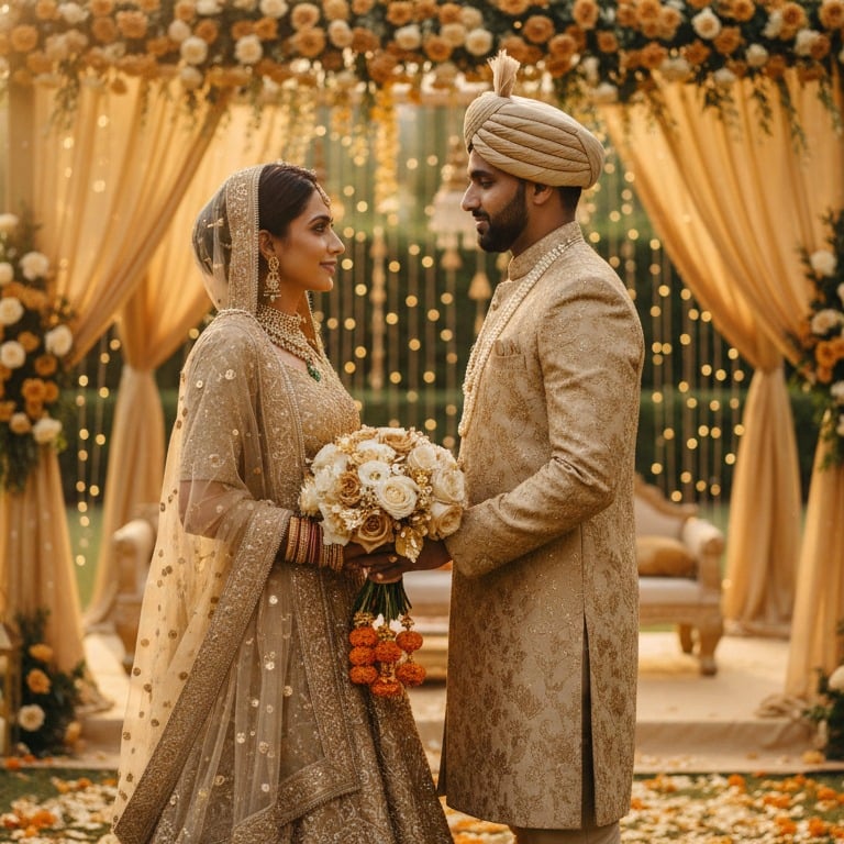 A bride and groom in traditional Indian wedding attire under a gold floral mandap.