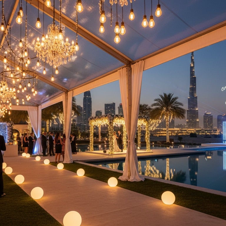 Luxury birthday party in a clear tent with chandeliers and Burj Khalifa views in Dubai.