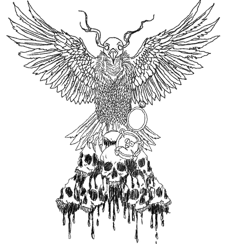 Gothic black and white line art of a crow with antlers perched on a pile of melting skulls.