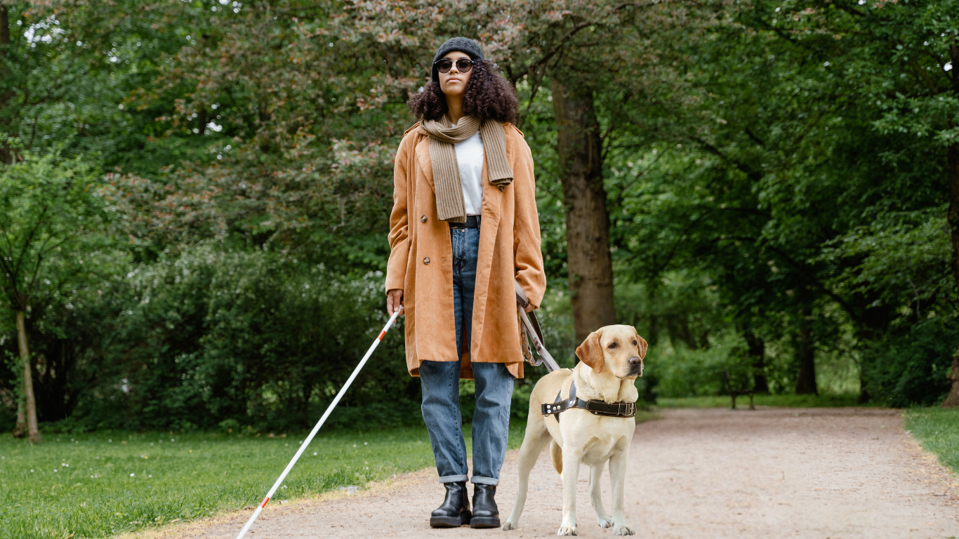 Legally blind disabled woman walking in a park with her guide dog and cane, both non optical aids
