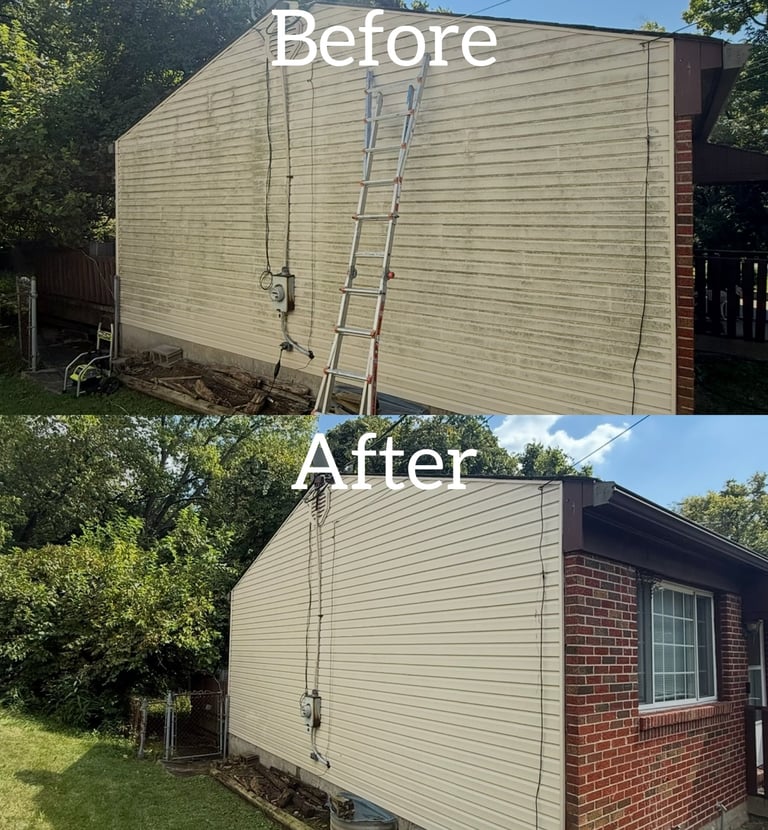 Before and after comparison of professional vinyl siding power washing on a residential home.