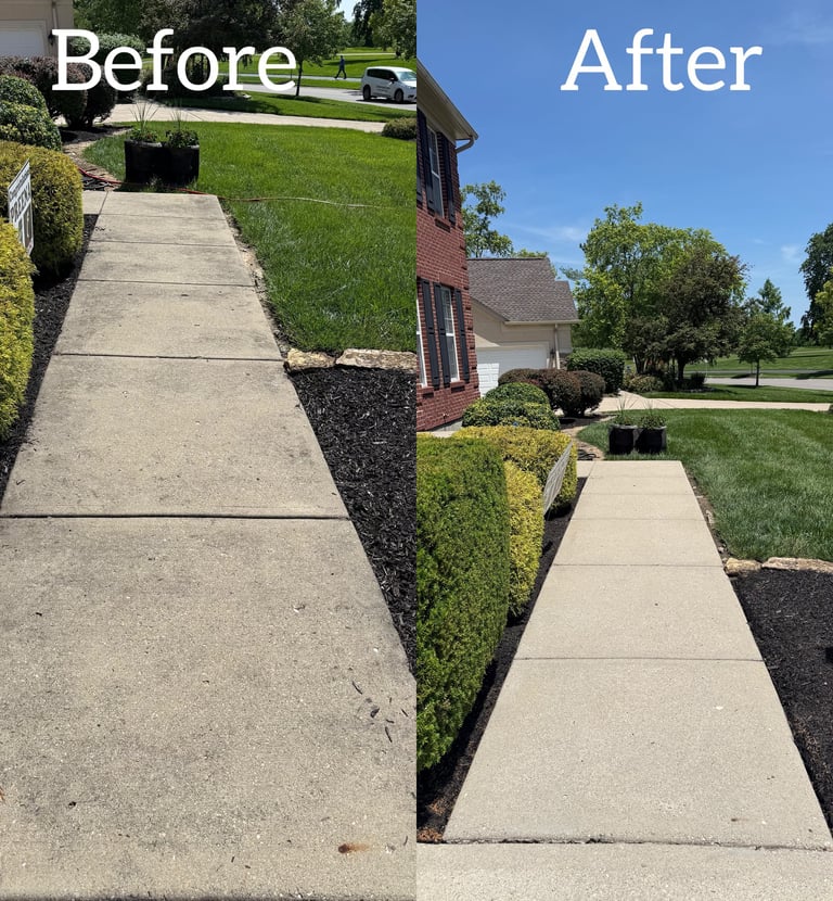 Before and after comparison of a clean concrete sidewalk walkway using professional pressure washing services.