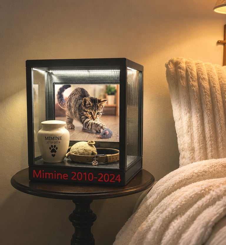 Pet memorial display case with a kitten photo, urn, and "MIMINE 2010-2024" inscription.