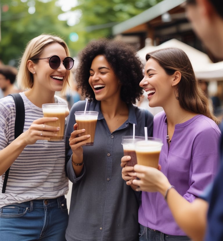 A group of friends laughing and holding different ice latte beverages at an outdoor market stall.