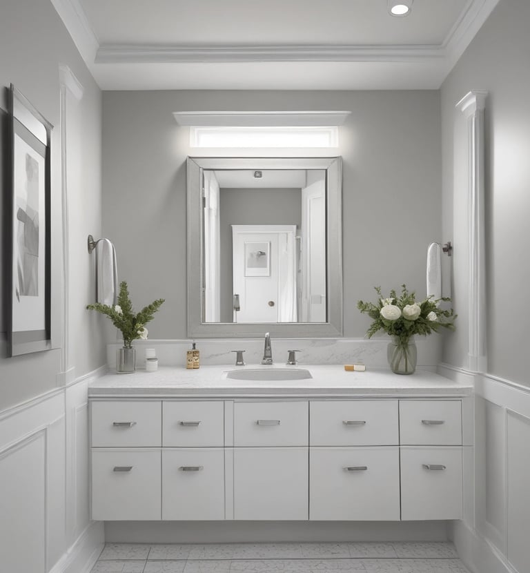 Close-up of a painter’s brush applying light blue paint on a smooth wall.