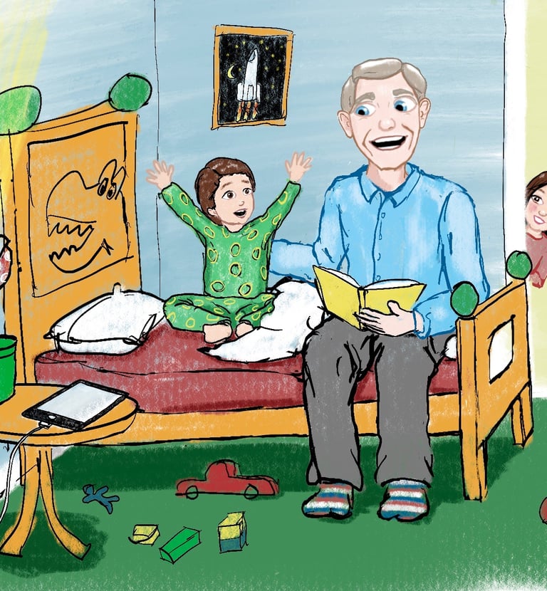 Father reading a bedtime story to an excited toddler in a colorful dinosaur-themed bedroom.
