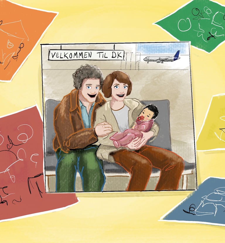 Illustration of a family at the airport holding a newborn baby with a Welcome to DK sign.
