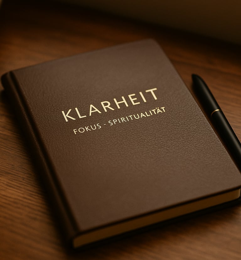 Dunkelbraunes Notizbuch mit der Aufschrift „Klarheit – Fokus – Spiritualität“ und Stift auf Holztisc