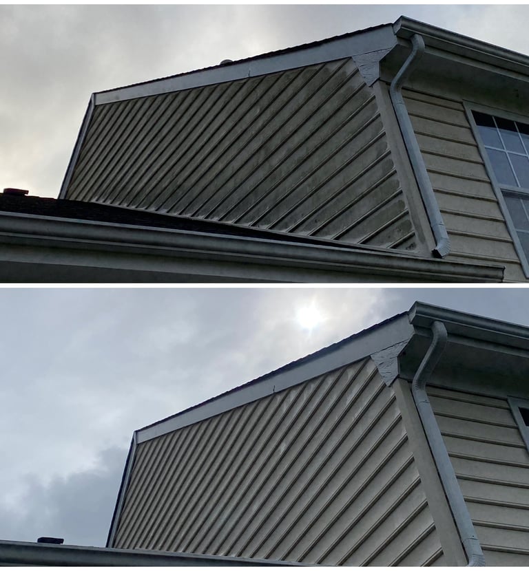Before and after comparison of professional house washing on dirty vinyl siding with algae buildup.